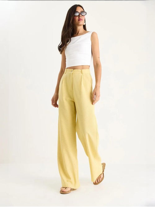 Pantalon palazzo en lin à taille haute et détails plissés bianco lucci - Kiabi
