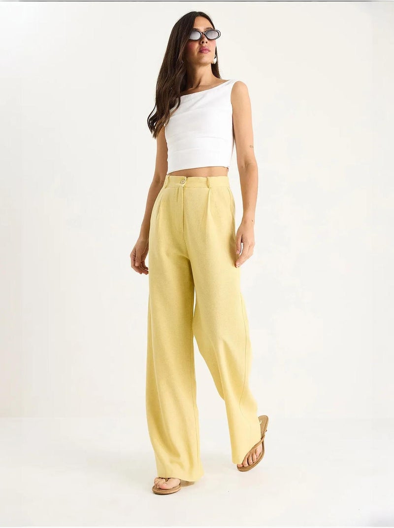 Pantalon palazzo en lin à taille haute et détails plissés bianco lucci Ambre - Kiabi