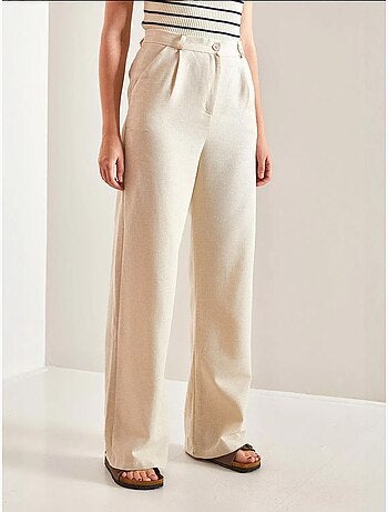 Pantalon palazzo en lin à taille haute et détails plissés bianco lucci