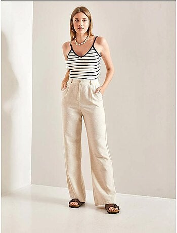 Pantalon palazzo en lin à taille haute et détails plissés bianco lucci