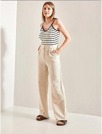 Pantalon palazzo en lin à taille haute et détails plissés bianco lucci