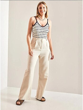 Pantalon palazzo en lin à taille haute et détails plissés bianco lucci