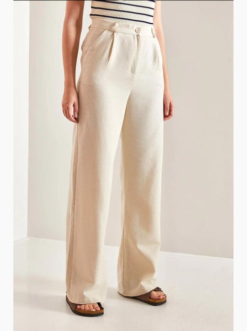 Pantalon palazzo en lin à taille haute et détails plissés bianco lucci - Kiabi