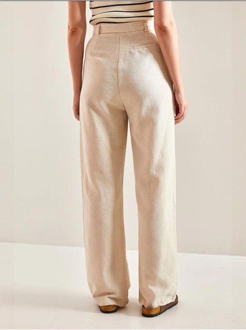 Pantalon palazzo en lin à taille haute et détails plissés bianco lucci - Kiabi