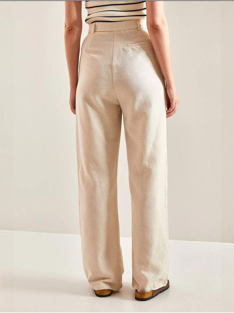 Pantalon palazzo en lin à taille haute et détails plissés bianco lucci Sable - Kiabi