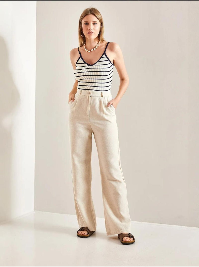 Pantalon palazzo en lin à taille haute et détails plissés bianco lucci Sable - Kiabi