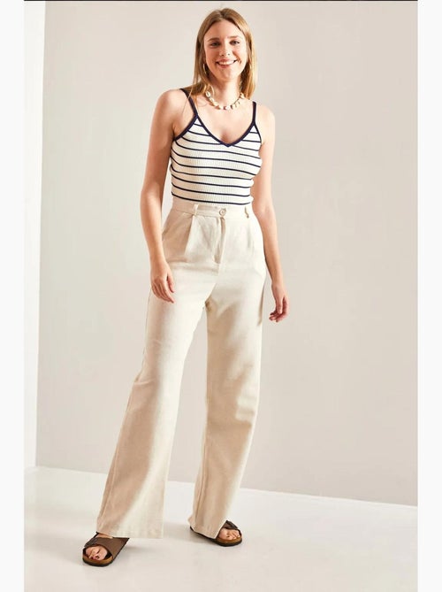 Pantalon palazzo en lin à taille haute et détails plissés bianco lucci - Kiabi
