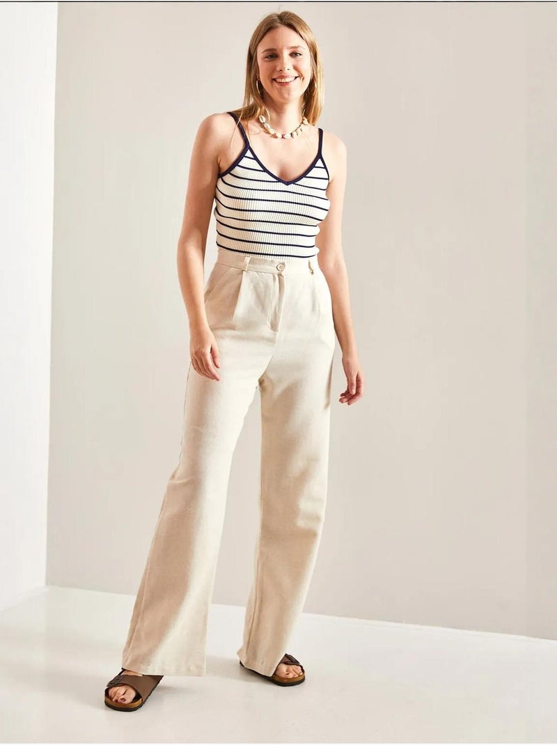 Pantalon palazzo en lin à taille haute et détails plissés bianco lucci Sable - Kiabi