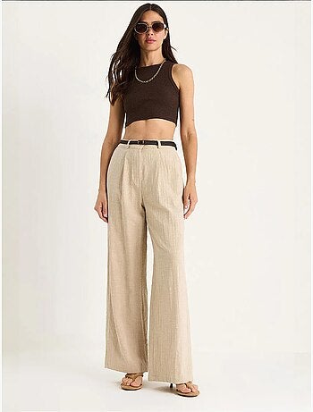 Pantalon palazzo en lin avec ceinture en paille et détails de poche lucci