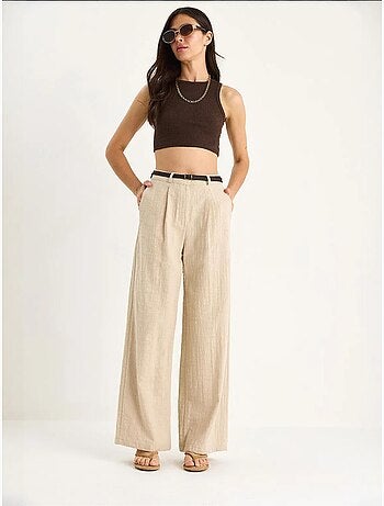 Pantalon palazzo en lin avec ceinture en paille et détails de poche lucci