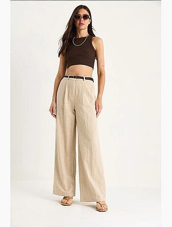 Pantalon palazzo en lin avec ceinture en paille et détails de poche lucci