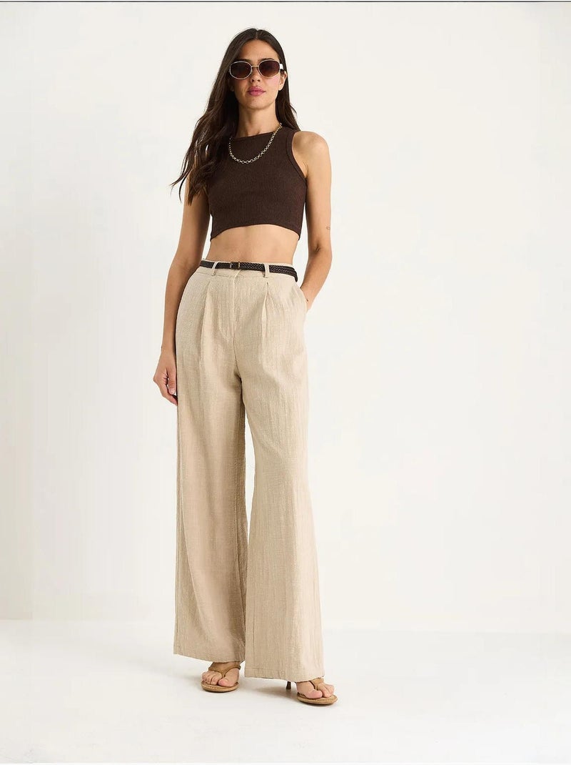 Pantalon palazzo en lin avec ceinture en paille et détails de poche lucci Beige argile - Kiabi