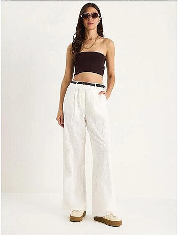 Pantalon palazzo en lin avec ceinture en paille et détails de poche lucci