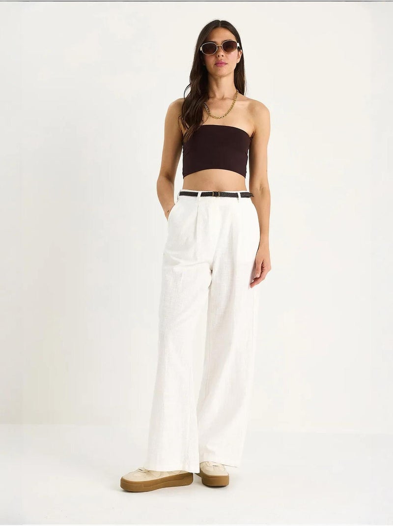 Pantalon palazzo en lin avec ceinture en paille et détails de poche lucci Blanc - Kiabi