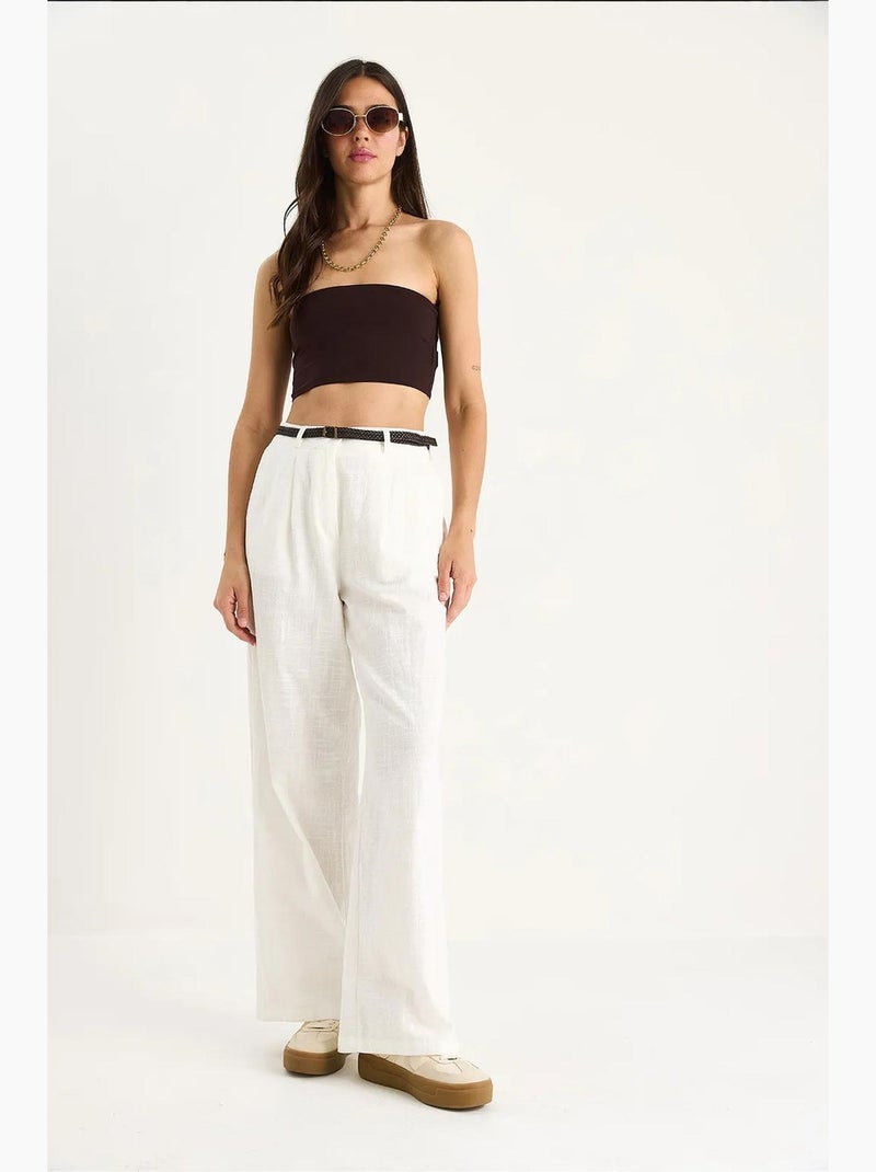Pantalon palazzo en lin avec ceinture en paille et détails de poche lucci Blanc - Kiabi