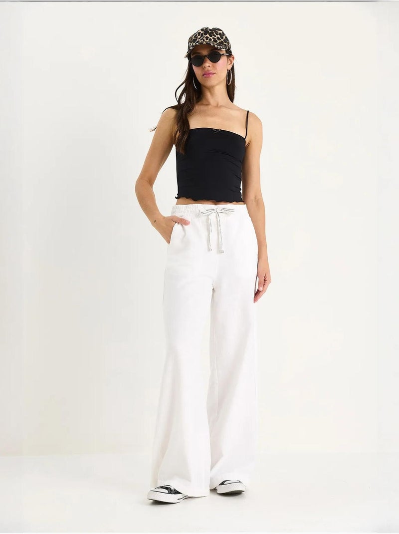 Pantalon palazzo en lin avec poches à taille élastique bianco lucci Blanc - Kiabi