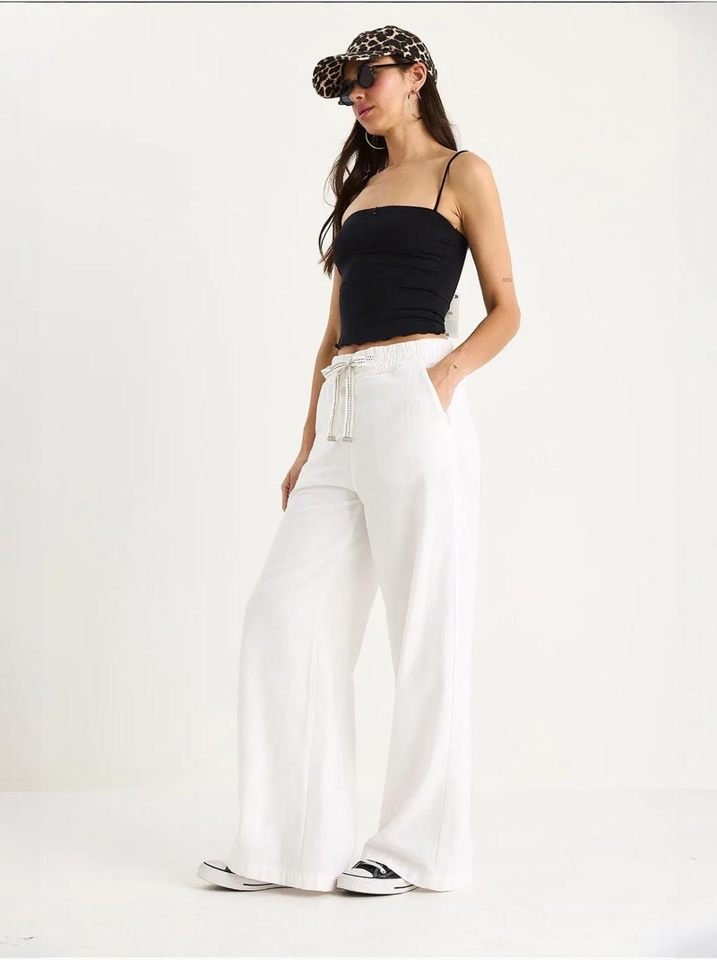Pantalon palazzo en lin avec poches à taille élastique bianco lucci Blanc - Kiabi