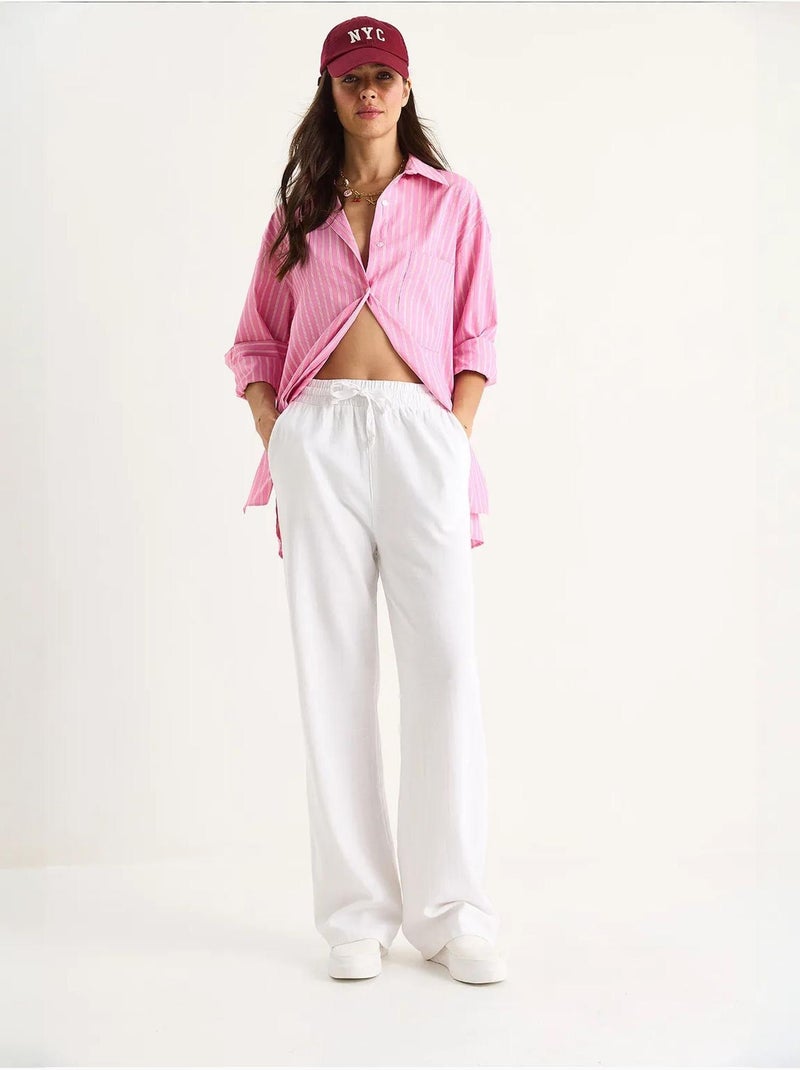 Pantalon palazzo en lin avec taille élastique et poches bianco lucci Blanc - Kiabi