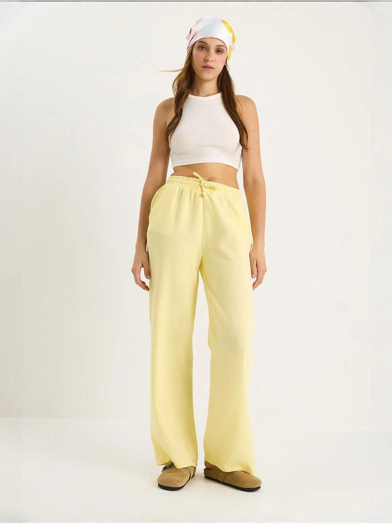 Pantalon palazzo en lin avec taille élastique et poches bianco lucci Jaune citron - Kiabi