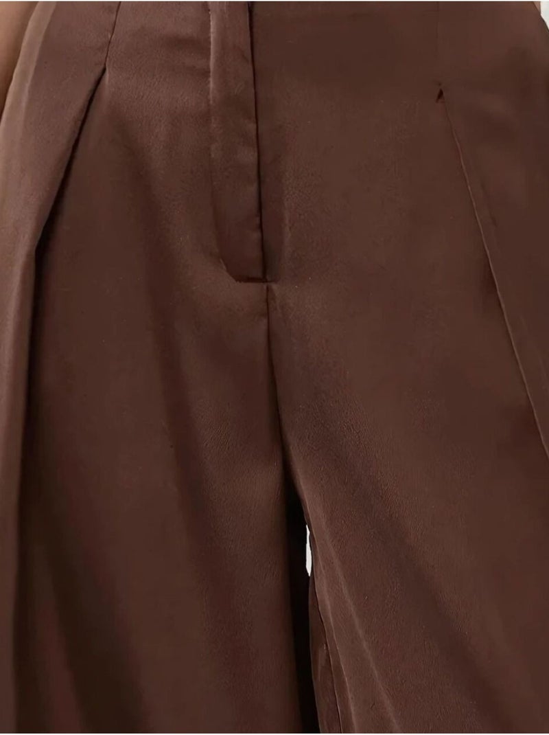Pantalon Palazzo en satin à taille haute et jambes larges Marron - Kiabi