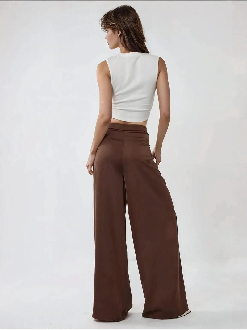 Pantalon Palazzo en satin à taille haute et jambes larges Marron - Kiabi