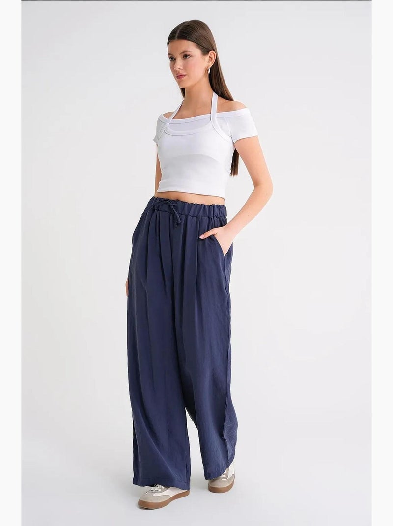 Pantalon palazzo plissé taille haute avec cordon de serrage mixray Bleu marine - Kiabi