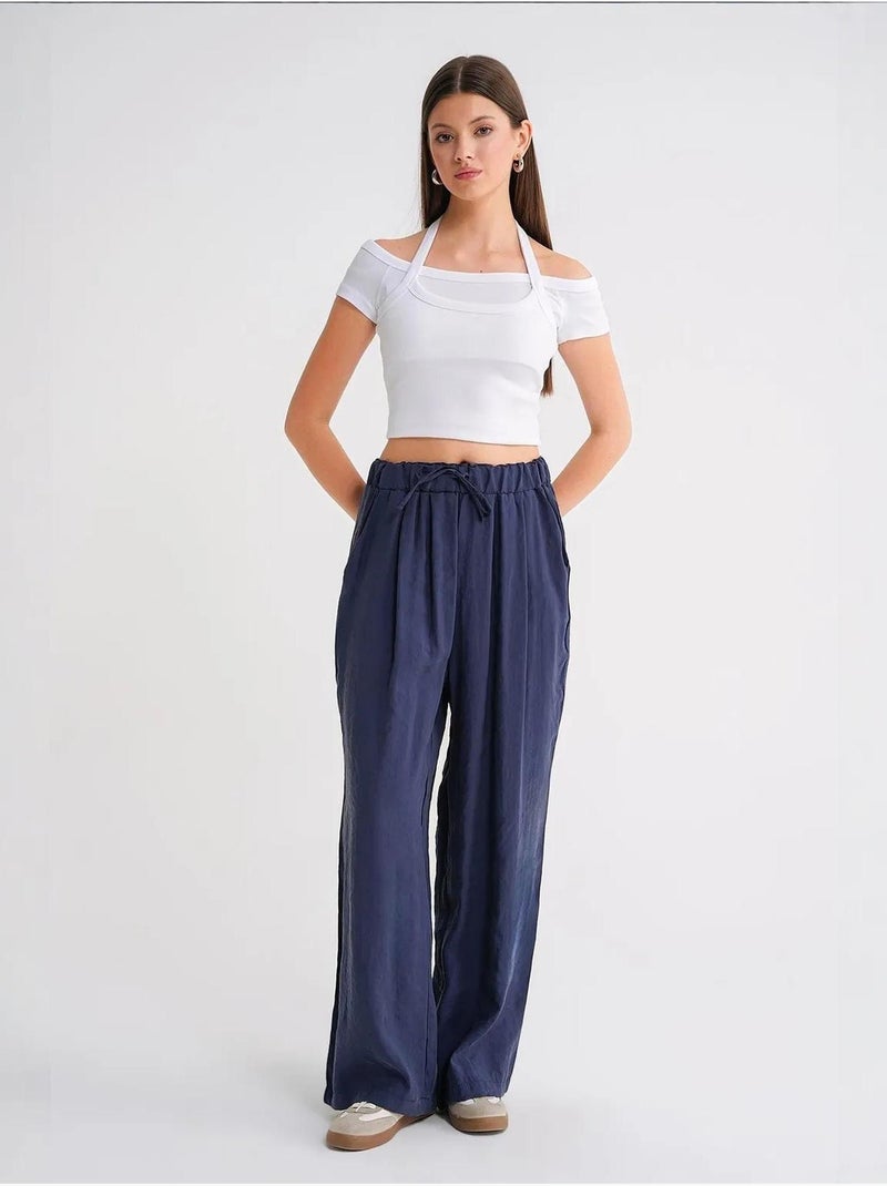 Pantalon palazzo plissé taille haute avec cordon de serrage mixray Bleu marine - Kiabi