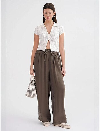 Pantalon palazzo plissé taille haute avec cordon de serrage mixray