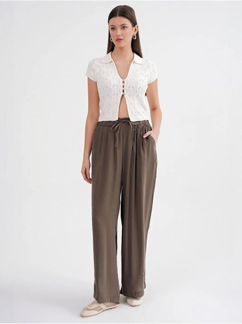 Pantalon palazzo plissé taille haute avec cordon de serrage mixray Kaki - Kiabi