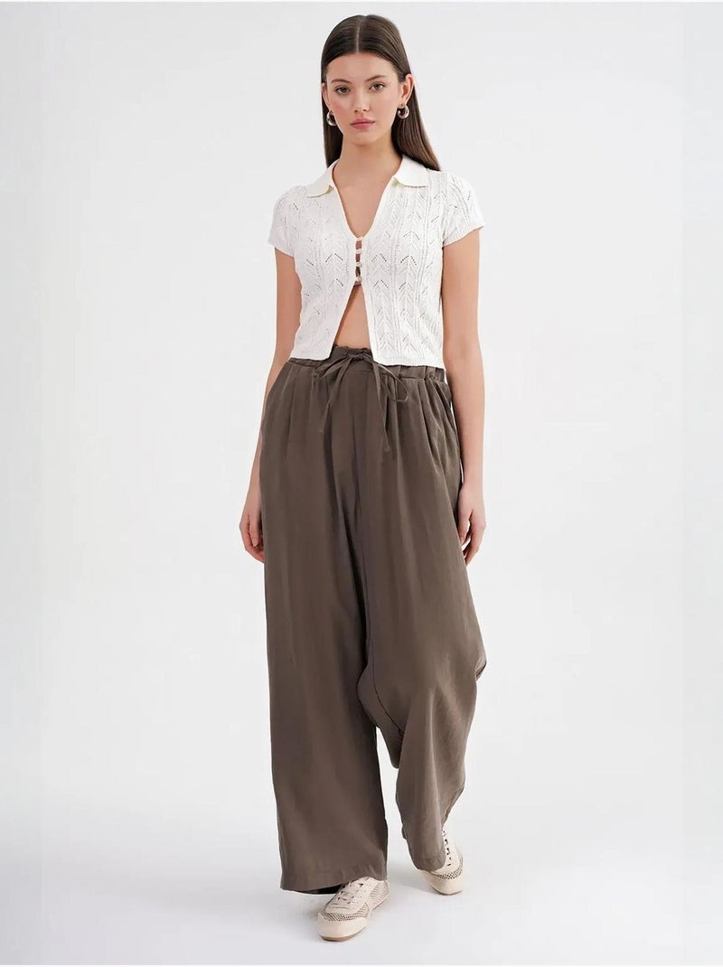 Pantalon palazzo plissé taille haute avec cordon de serrage mixray Kaki - Kiabi