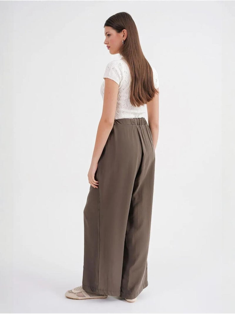 Pantalon palazzo plissé taille haute avec cordon de serrage mixray Kaki - Kiabi
