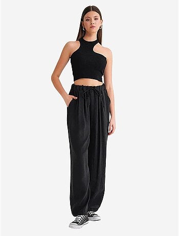 Pantalon palazzo plissé taille haute avec cordon de serrage mixray