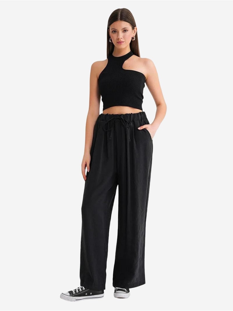 Pantalon palazzo plissé taille haute avec cordon de serrage mixray Noir - Kiabi