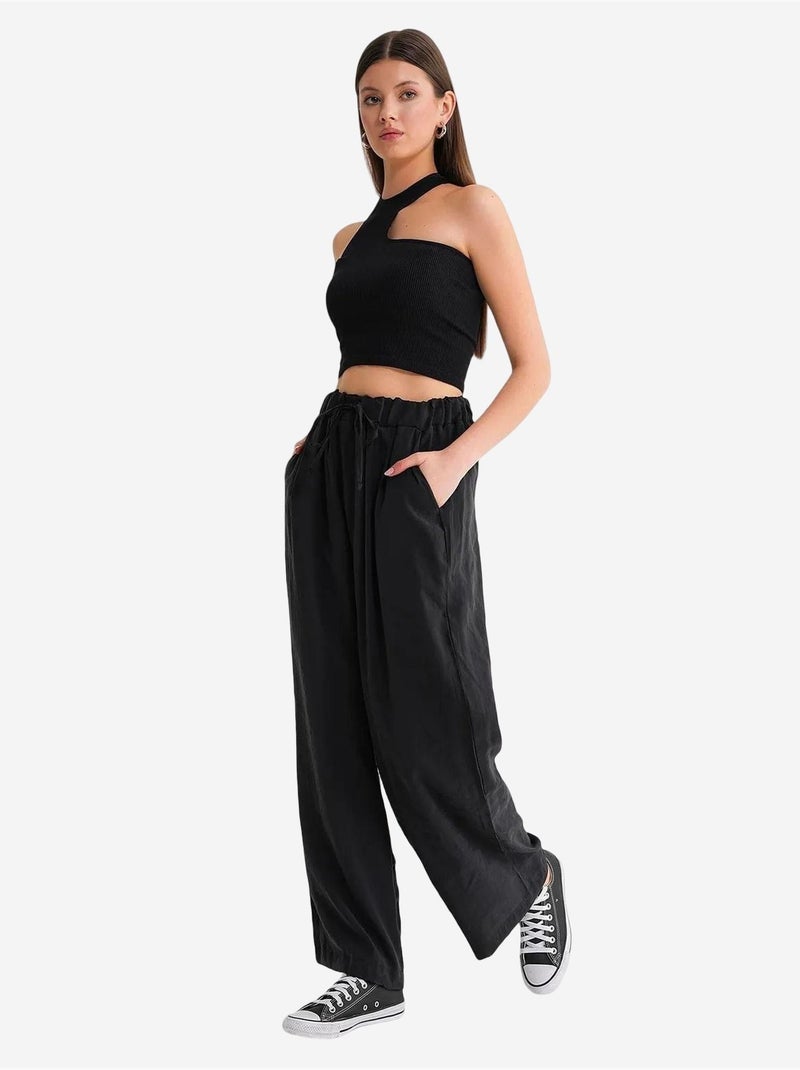 Pantalon palazzo plissé taille haute avec cordon de serrage mixray Noir - Kiabi