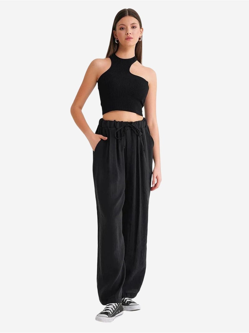 Pantalon palazzo plissé taille haute avec cordon de serrage mixray Noir - Kiabi
