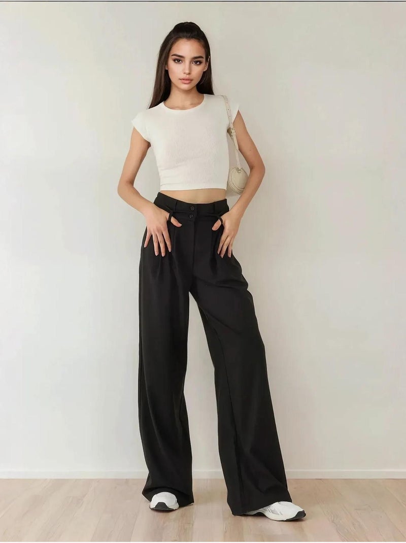 Pantalon Palazzo plissé taille haute Noir - Kiabi