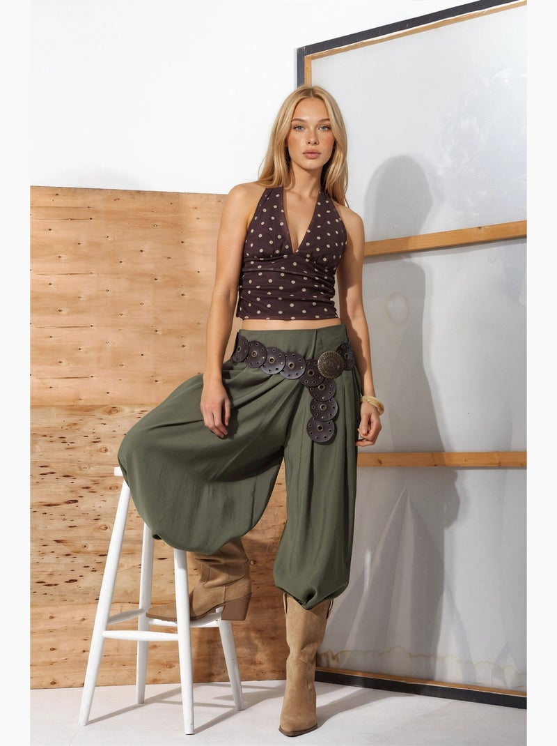 Pantalon palazzo taille haute à jambes larges hiccup Kaki - Kiabi