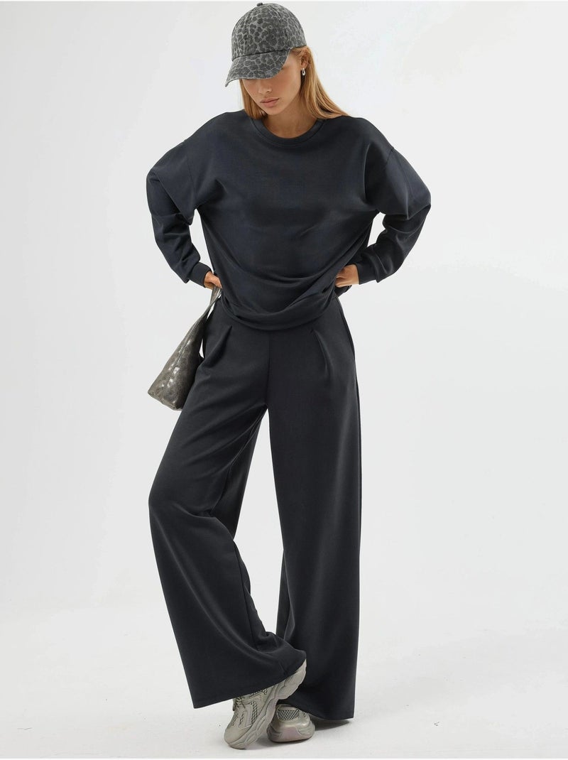 Pantalon palazzo taille haute avec élastique busem Gris Noir - Kiabi