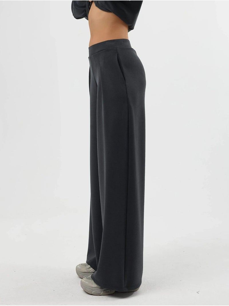 Pantalon palazzo taille haute avec élastique busem Gris Noir - Kiabi