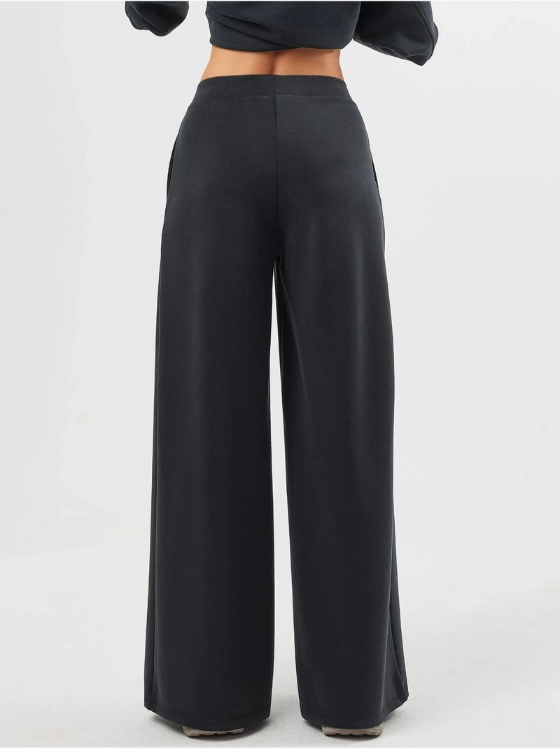 Pantalon palazzo taille haute avec élastique busem Gris Noir - Kiabi