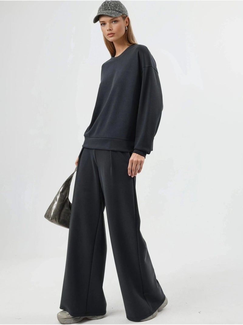 Pantalon palazzo taille haute avec élastique busem Gris Noir - Kiabi
