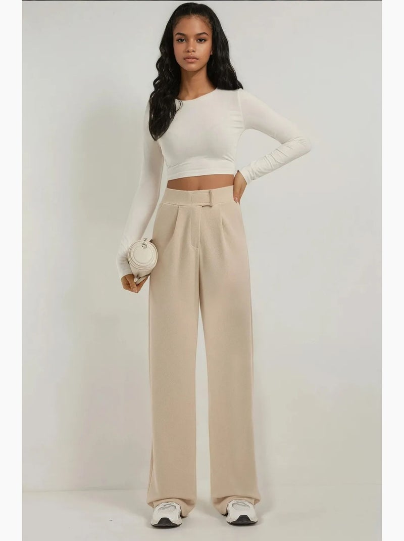 Pantalon palazzo taille haute en crêpe élastique hiccup Beige argile - Kiabi