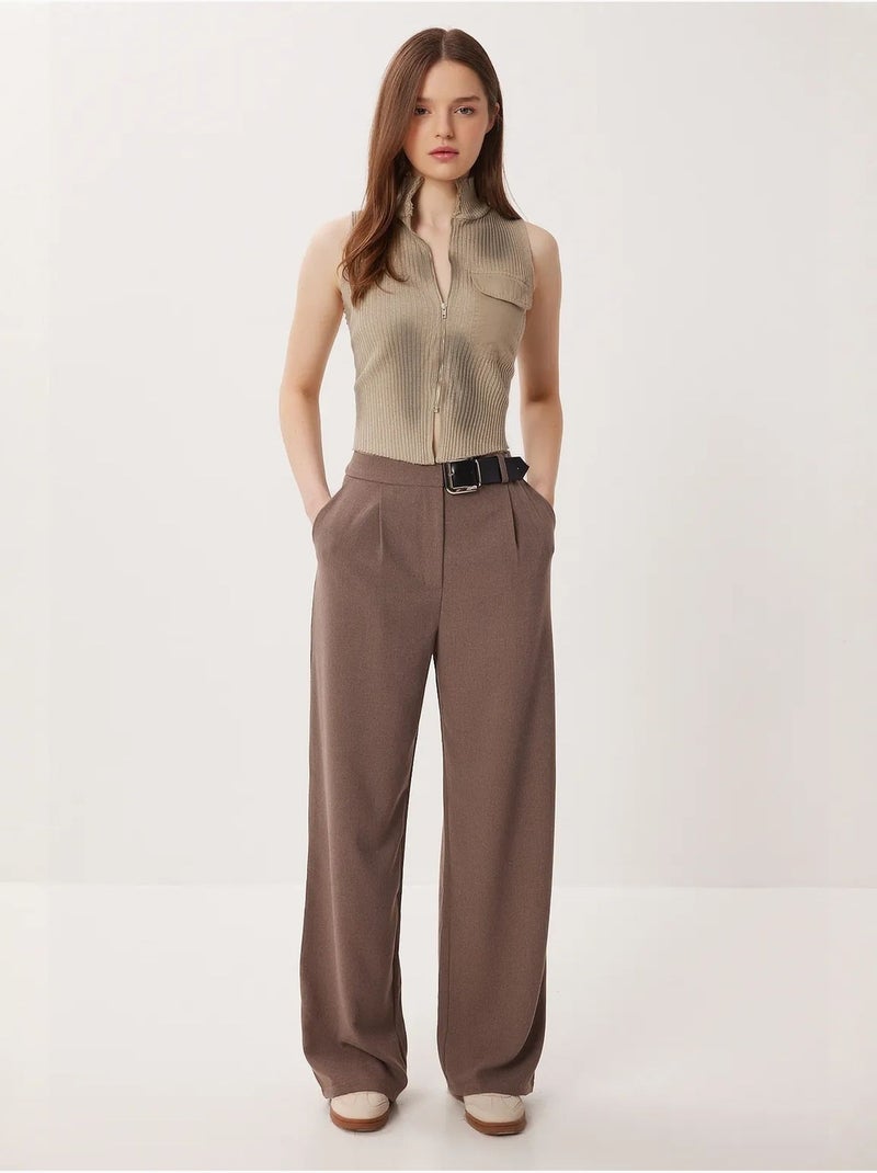 Pantalon palazzo taille haute et jambes larges avec ceinture istanbul Taupe - Kiabi