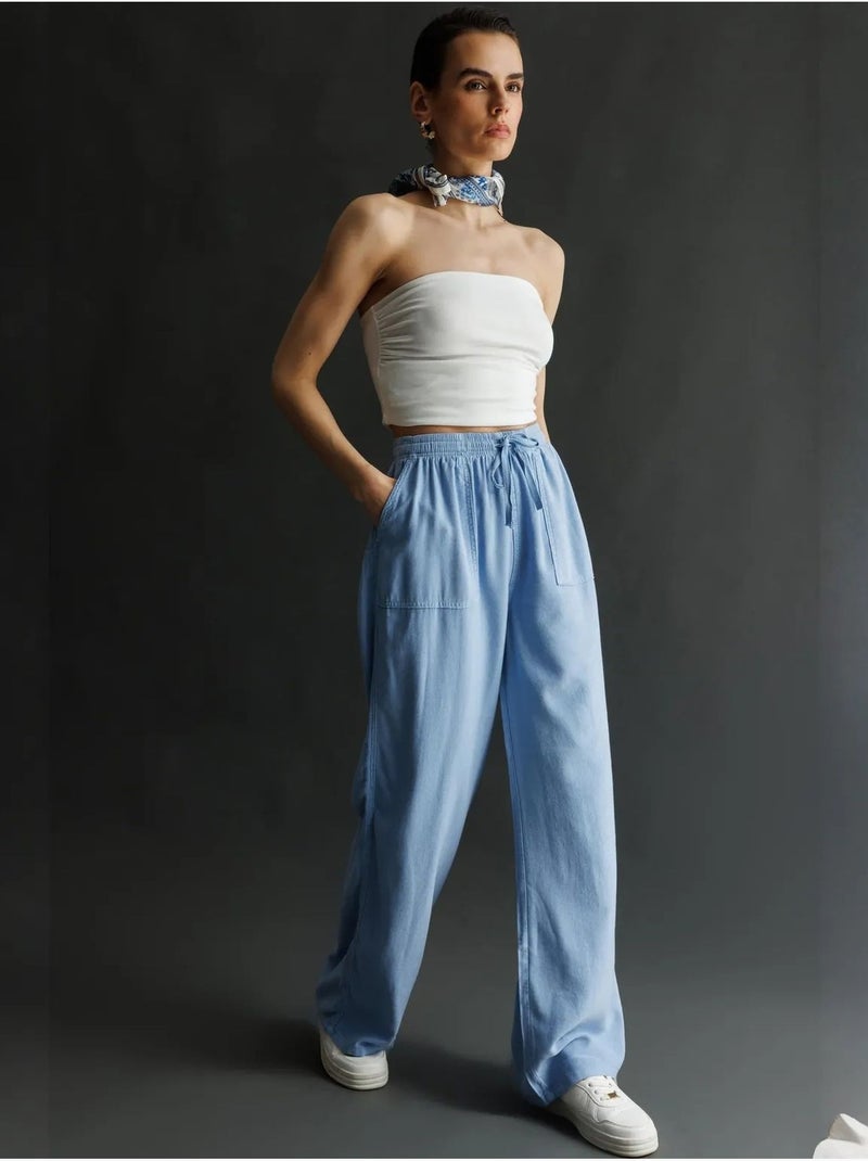 Pantalon palazzo taille haute et jambes larges avec cordon de serrage à la taille mixray Bleu ciel - Kiabi
