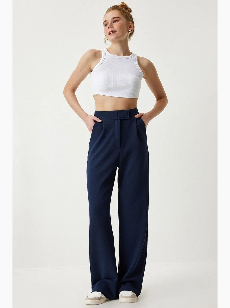 Pantalon palazzo taille haute texturé istanbul Bleu marine - Kiabi