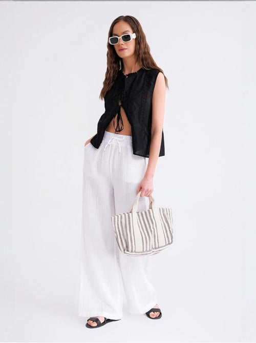 Pantalon palazzo texturé taille haute mixray - Kiabi Pantalon palazzo texturé taille haute mixray - Kiabi