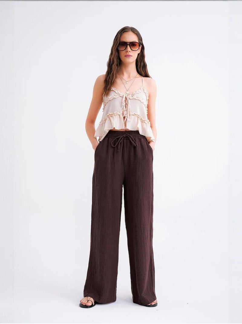 Pantalon palazzo texturé taille haute mixray Marron foncé - Kiabi