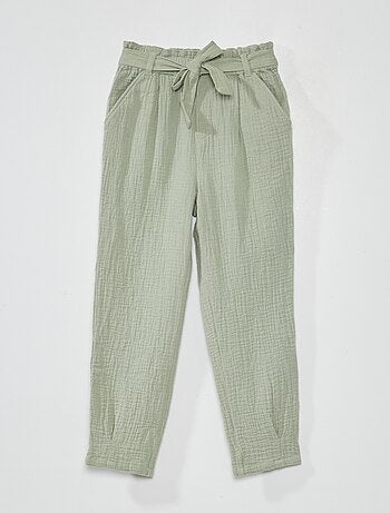 Pantalon paperbag en gaze de coton - Kiabi