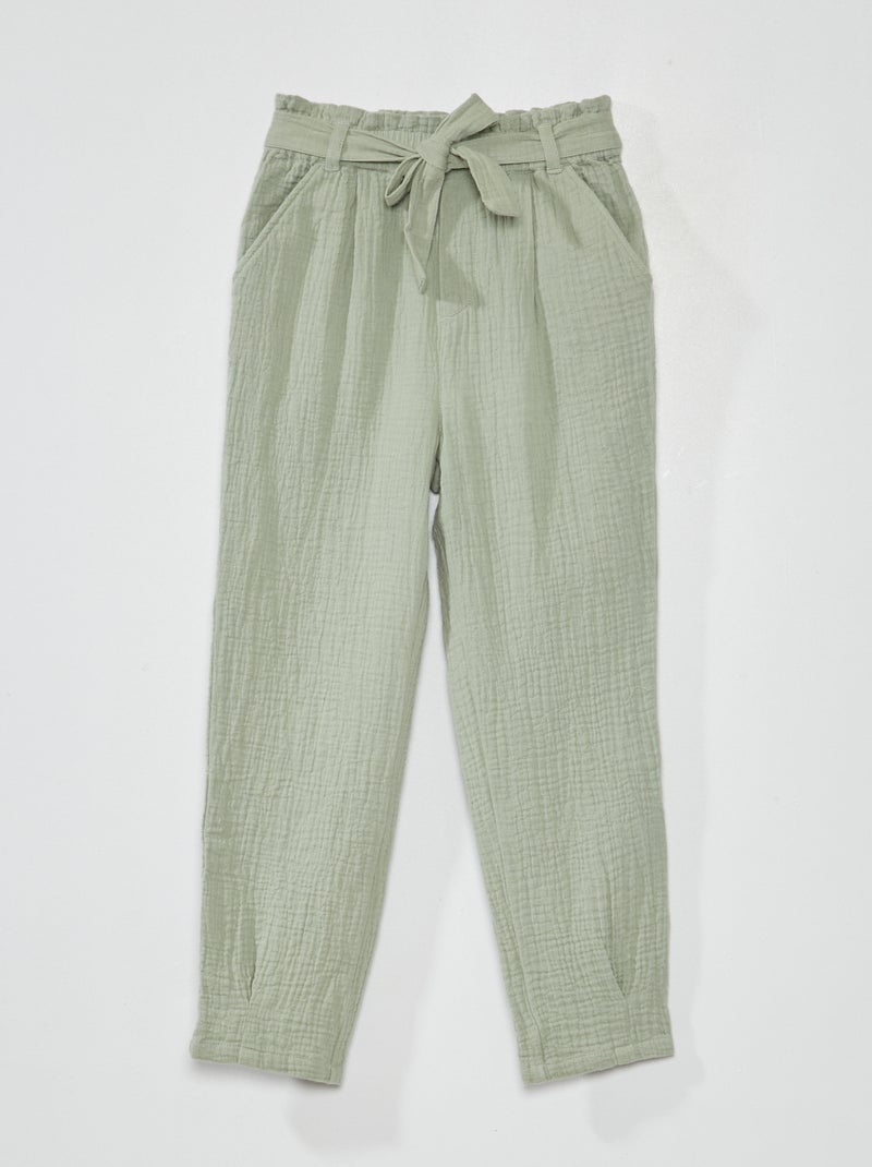 Pantalon paperbag en gaze de coton Vert - Kiabi