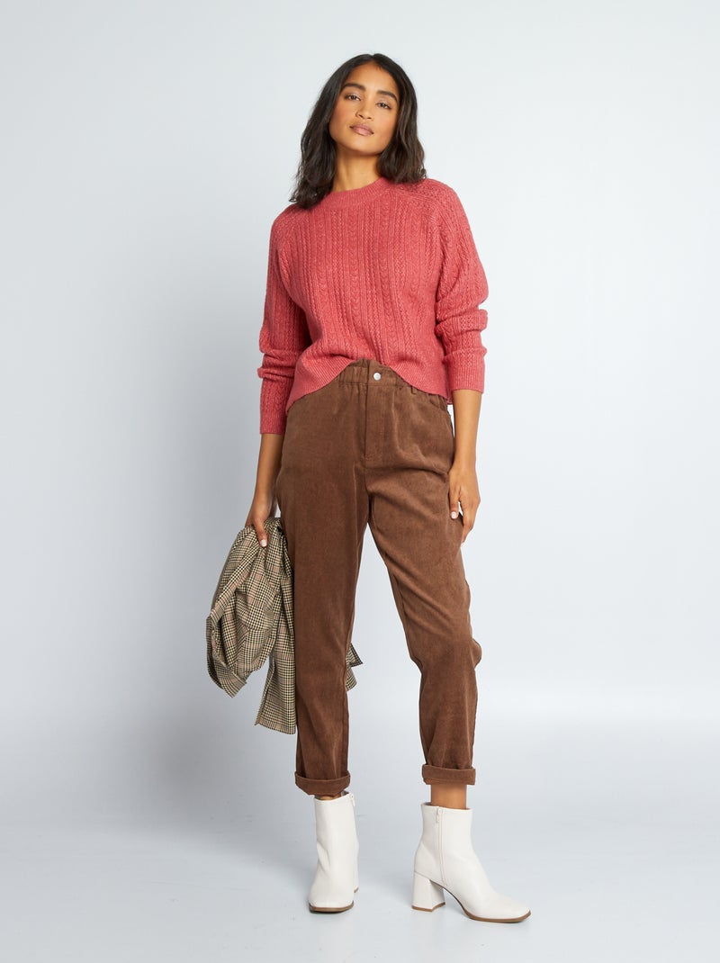 Pantalon paperbag en velours marron - Kiabi